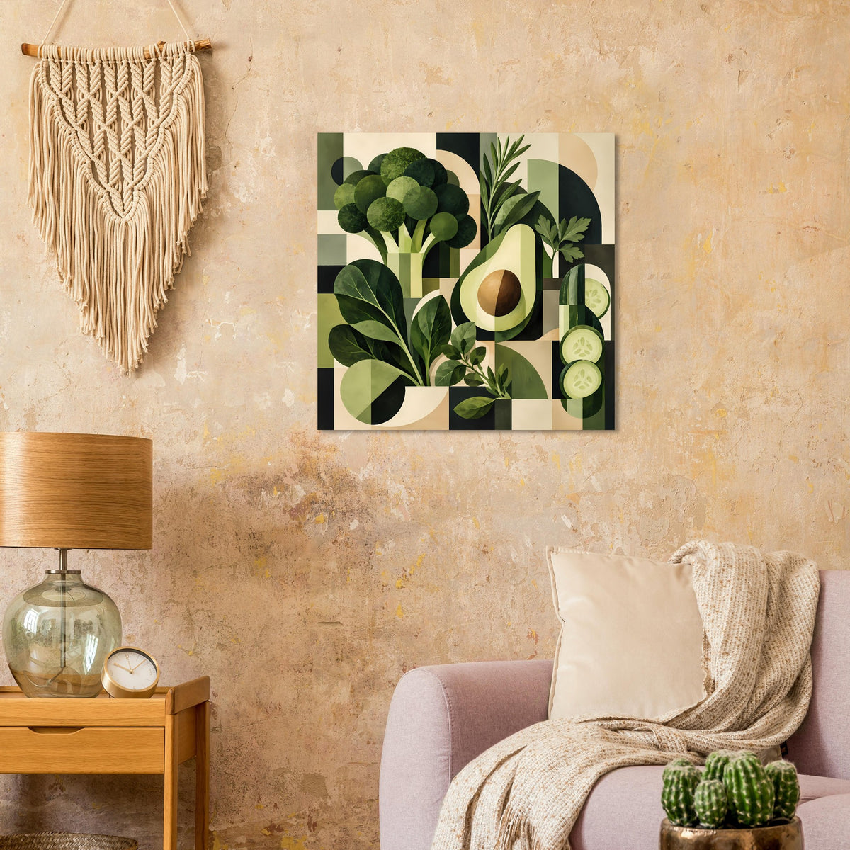Geometrisches Pflanzenposter mit Avocado- und Gurkenscheiben in Grün
