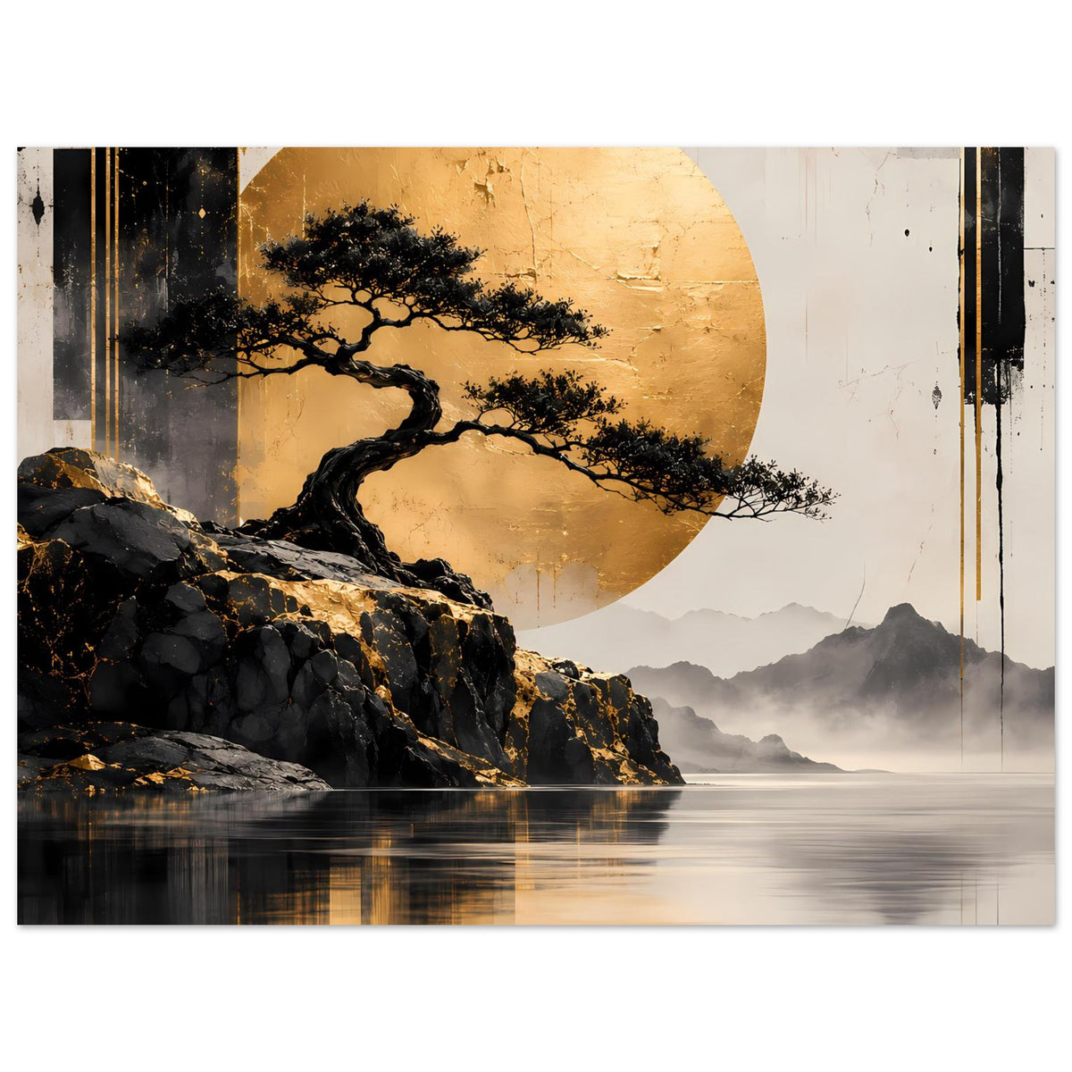Poster mit goldenem Hintergrundkreis, schwarzem Baum, dunklem Stein, Nebelbergen und Wasserreflexion