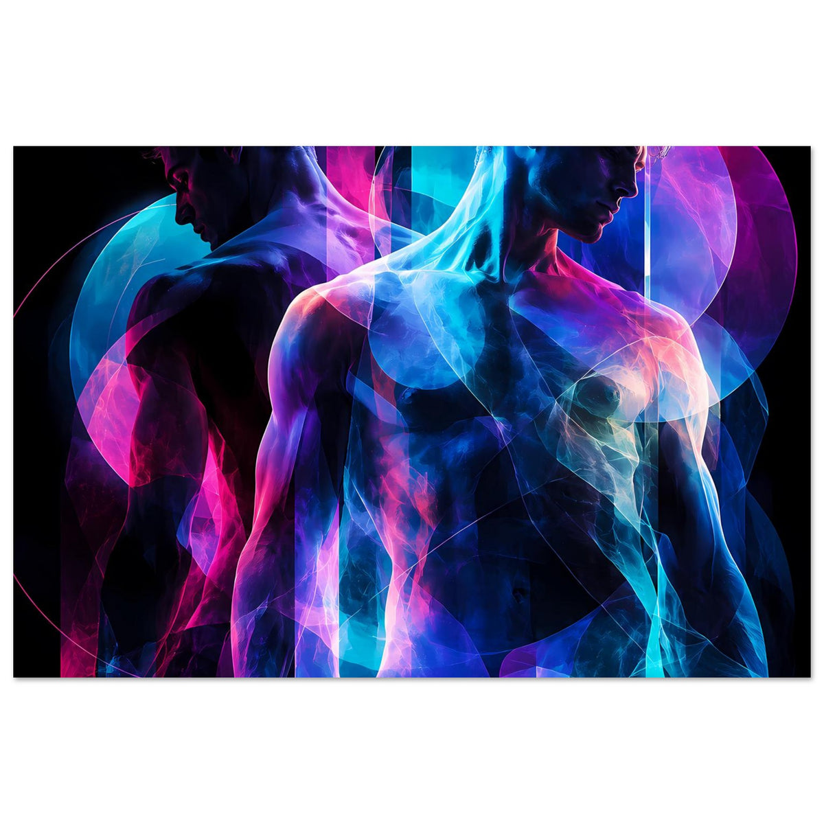 Kunstposter mit futuristischer Neonabstraktion und zwei Figuren in Blau und Pink, Querformat