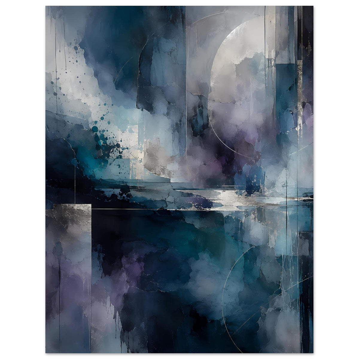 Hochformatiges Kunstposter: abstrakte Blau-Violett-Flächen, Sprenkel und helle Streifen