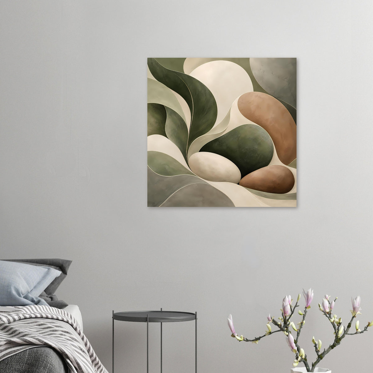 Abstraktes Naturwellen-Poster klein an der Wand, grüne und braune Ovale mit Beige