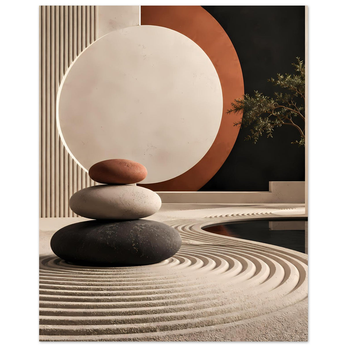 Minimalistisches Kunstposter mit Zen-Steinen und rundem Kreis in Creme/ Terrakotta.