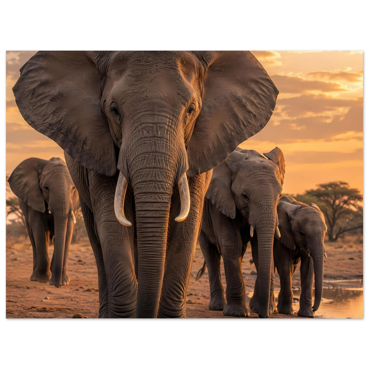 Querformat-Poster: Elefantenherde nah am Betrachter, Vordergrund und mehrere Tiere dahinter