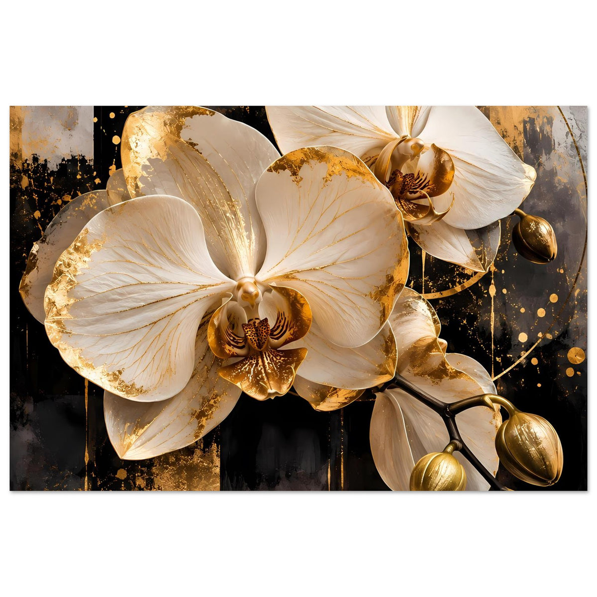 Orchideenposter im Querformat mit cremefarbenen Blüten und goldenen Ornamentelementen