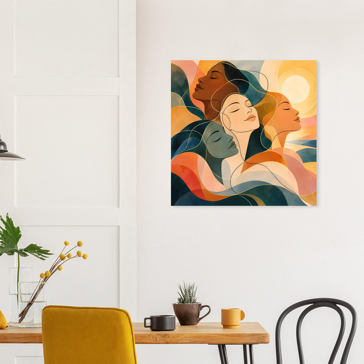 Kunstposter im Quadrat: vier abstrakte Frauen in warmen Erdtönen und Blau
