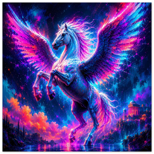 Leuchtendes Pegasus-Poster mit Flügeln in leuchtenden Neonfarben und Stadtlandschaft