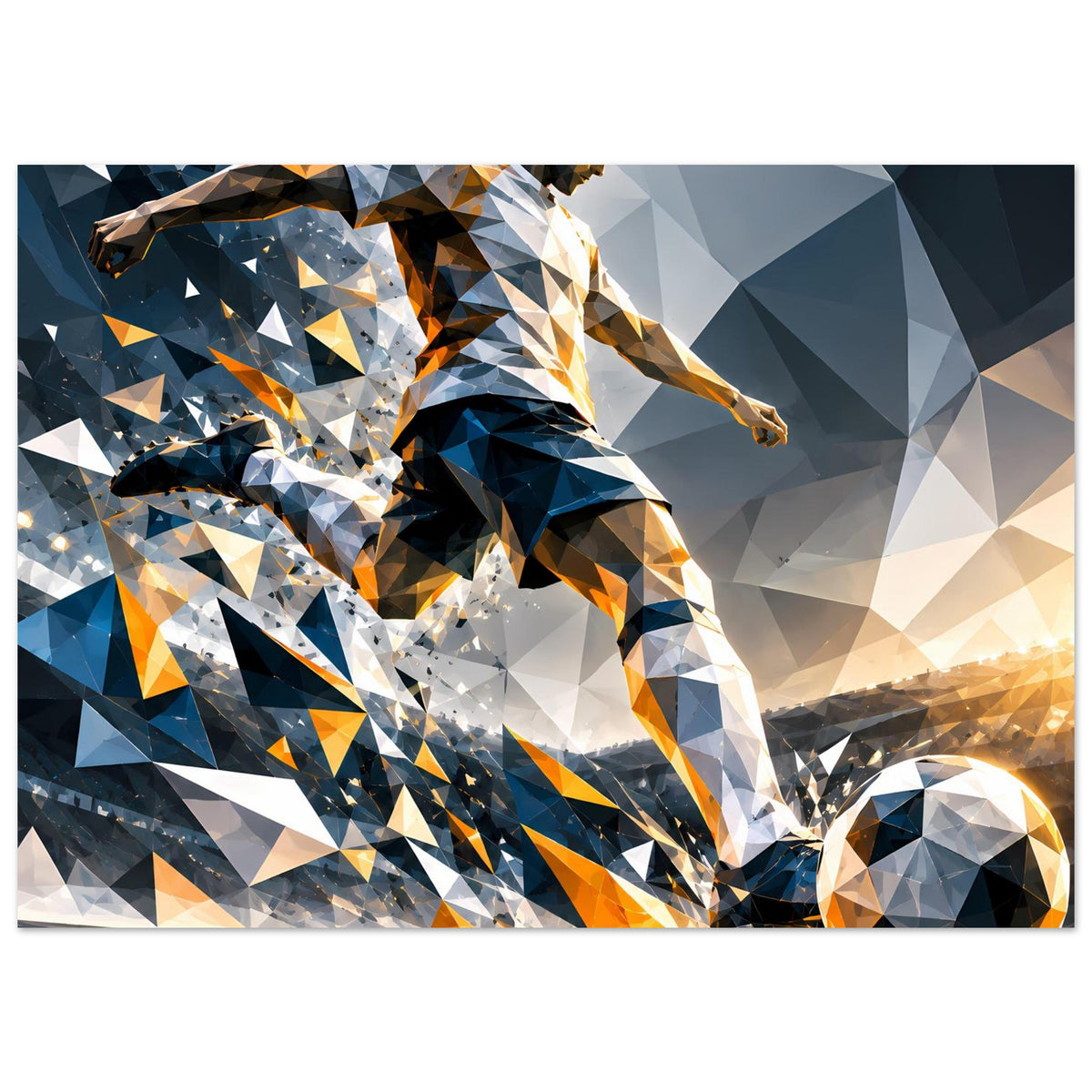 Fußball-Actionposter mit geometrischem Spieler, Ball unten rechts, blau und orange