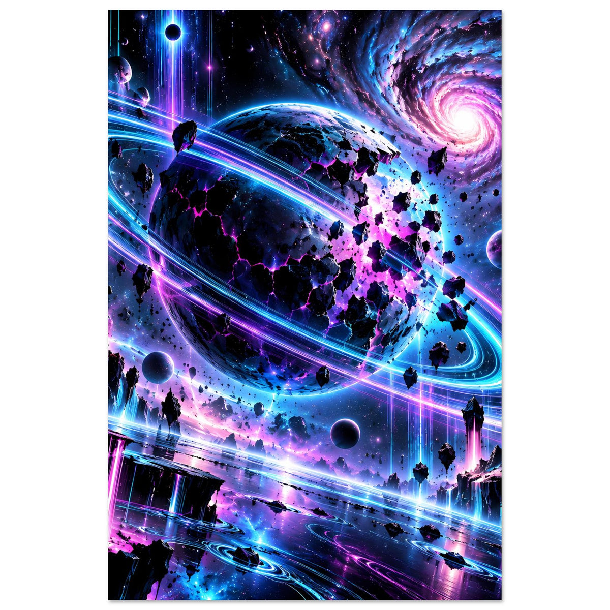 Hochformat-Poster: Neon-Galaxie mit Lichtbahnen, Planeten und kleinen Raketen-Silhouetten