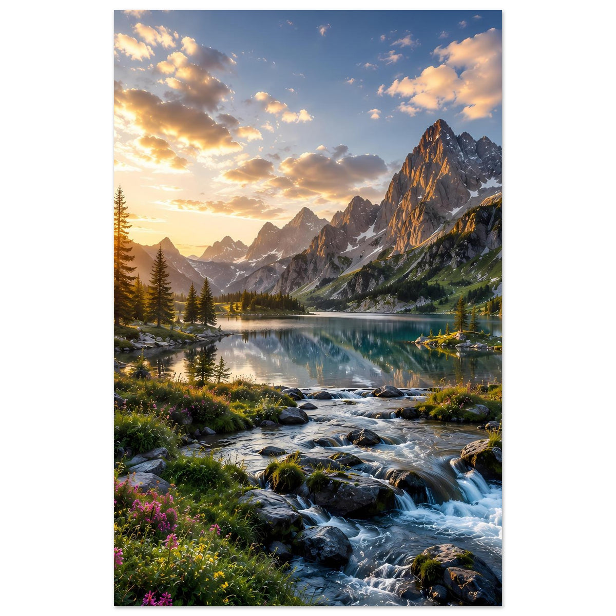 Landschaftsposter im Hochformat mit Bergsee, Sonnenstrahl durch Wolken und Bachlauf