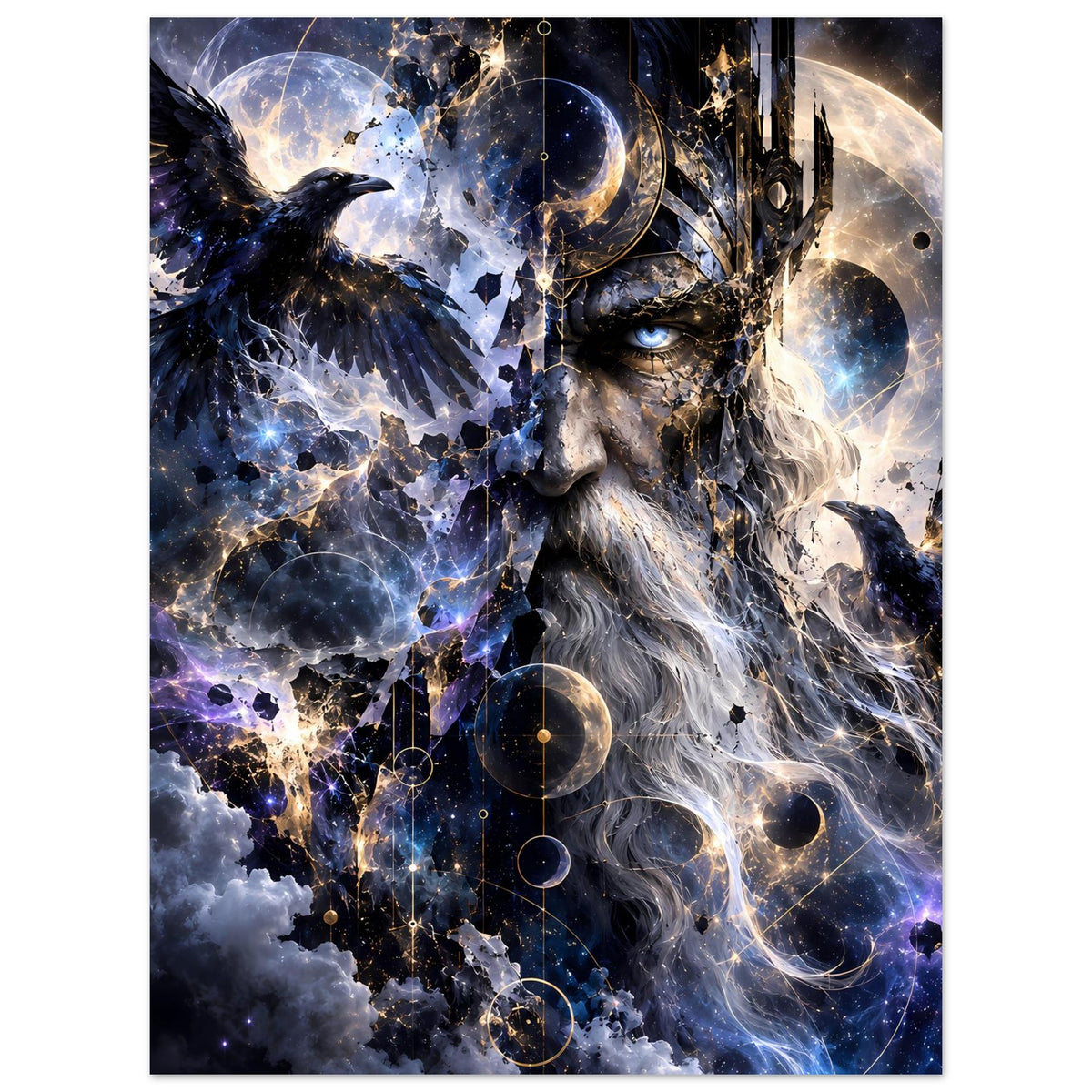 Fantasy-Poster im Hochformat mit Sagenkönig, Raben und planetenartigen Kreisen