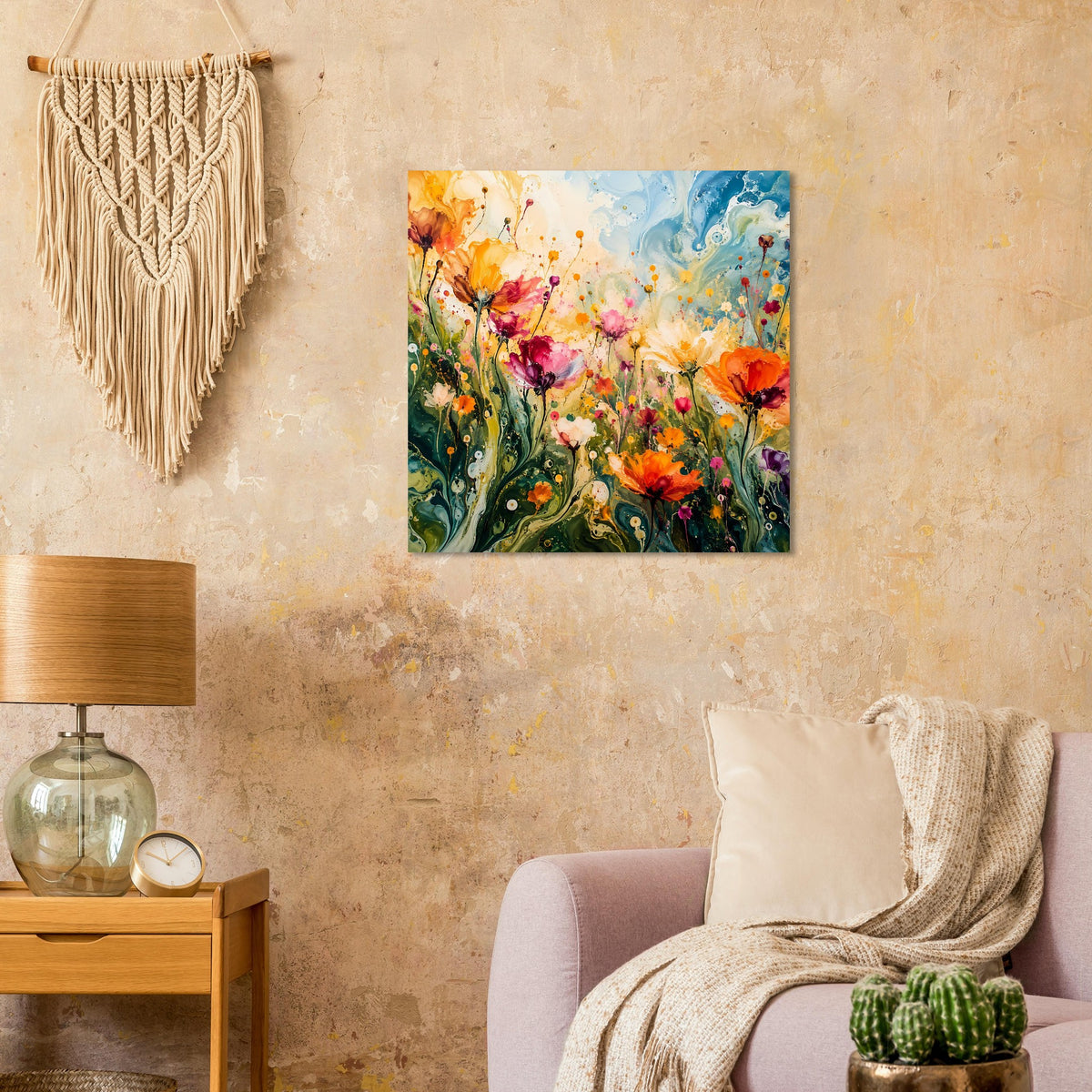 Abstraktes Blumenposter mit bunten Farbspritzern, orange- und rosafarbene Blüten, grün.