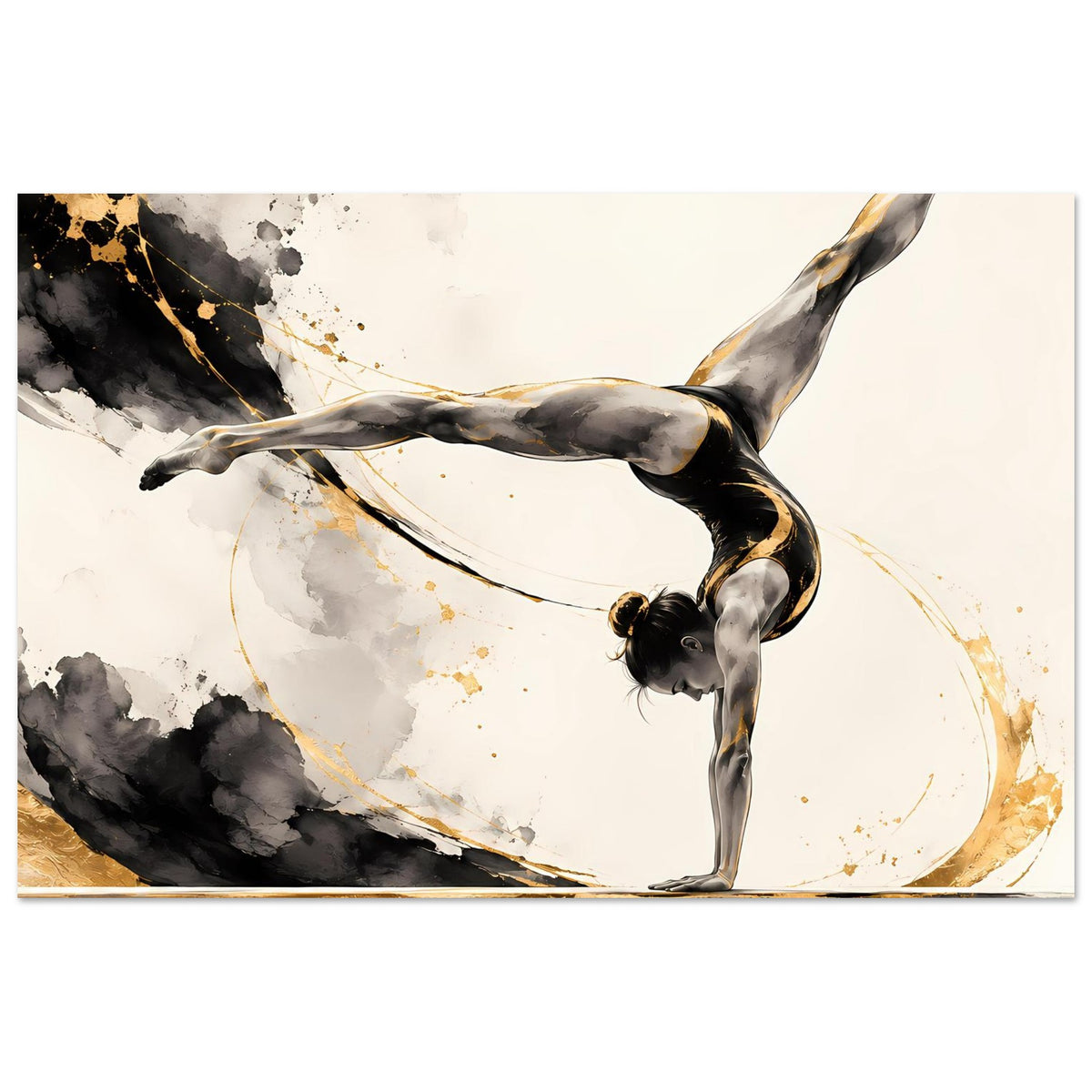 Horizontales Gymnastikposter: Turnerin im Handstand, schwarz-goldener Farbverlauf und Spritzer