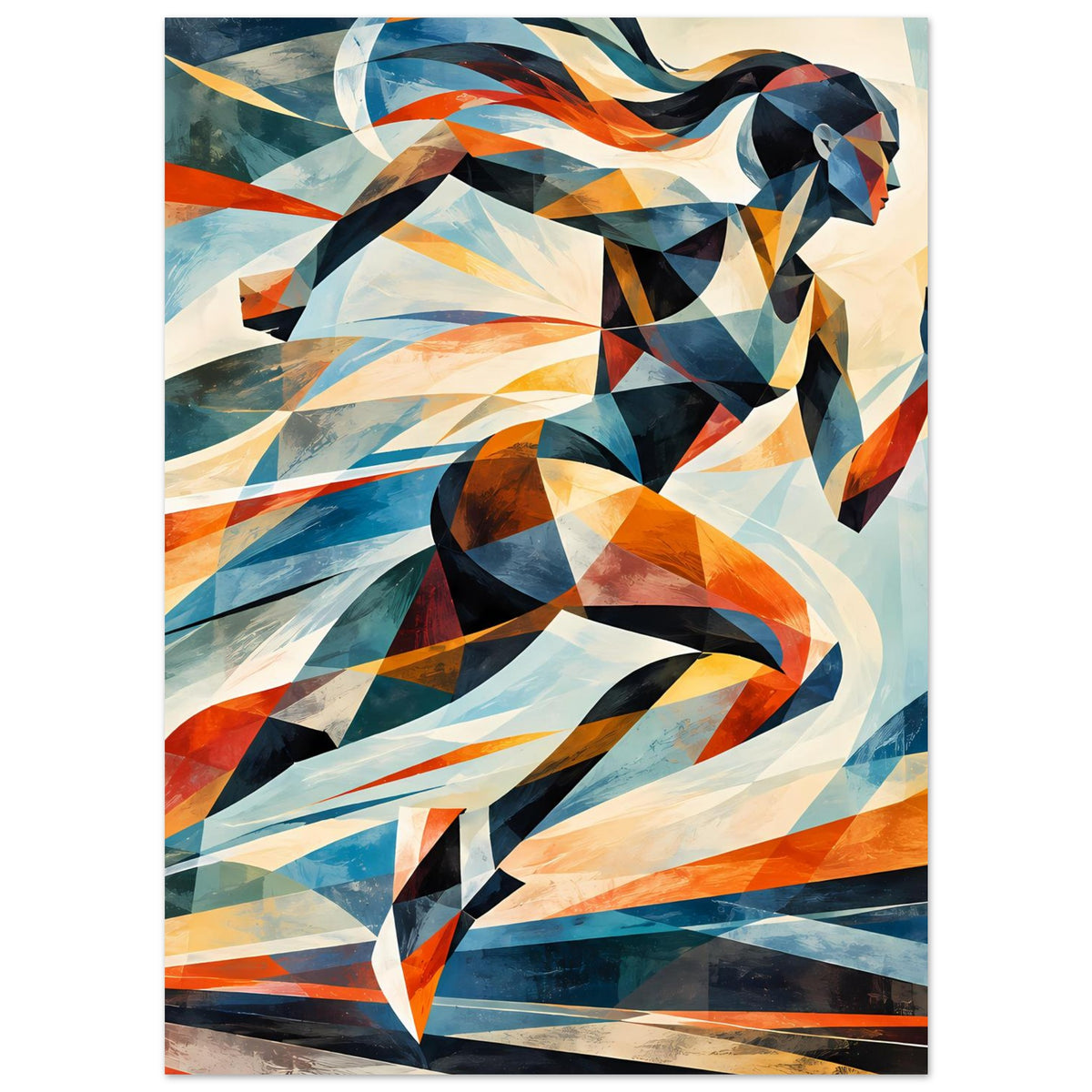 Poster mit abstrakter Läuferin, abstrakte Figur in Blau, Orange und Creme, gerahmt