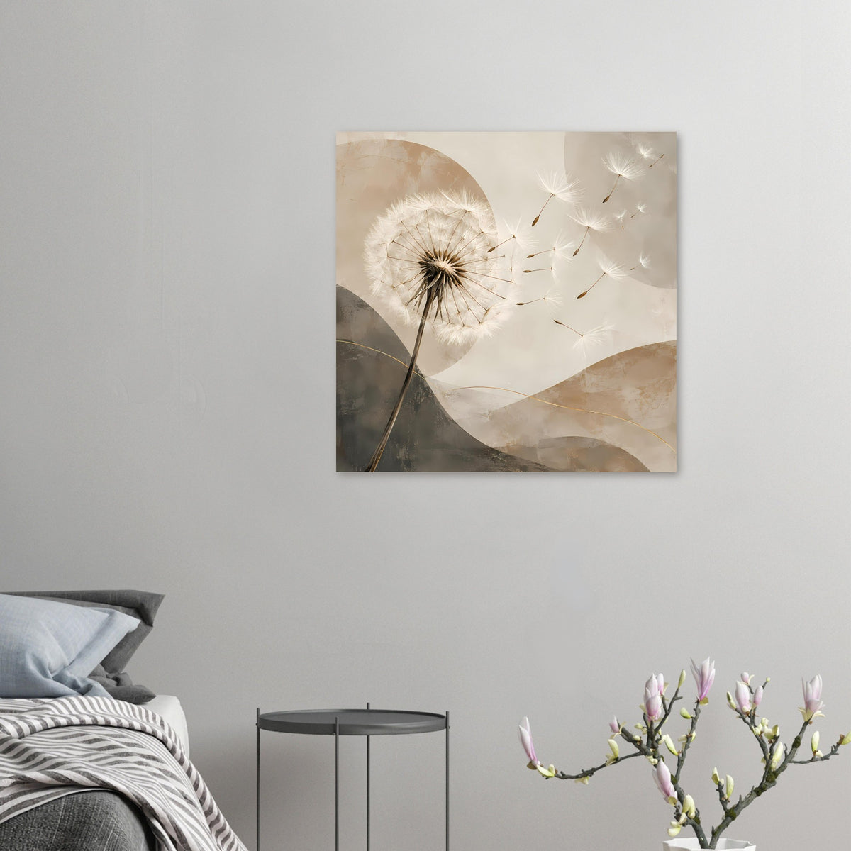 Kleines quadratisches Poster mit Pusteblume, Beige-Grau, cremefarbene und weiße Samen