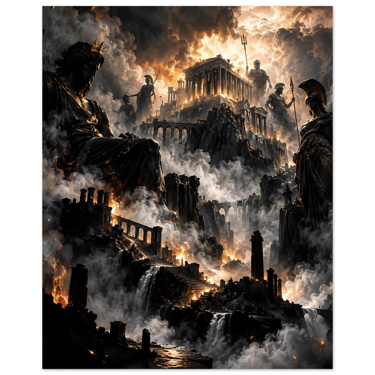 Fantasy-Poster im Hochformat mit Ruinen, Nebelwolken, Feuerlicht und Kriegergestalten