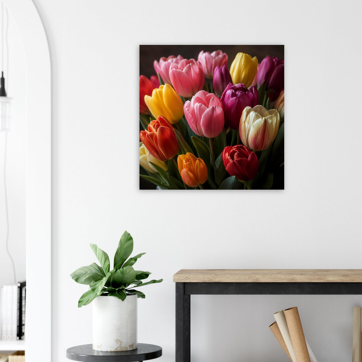 Quadratisches Poster mit Tulpenstrauß: Pink, Gelb, Rot und helle Cremeblüten
