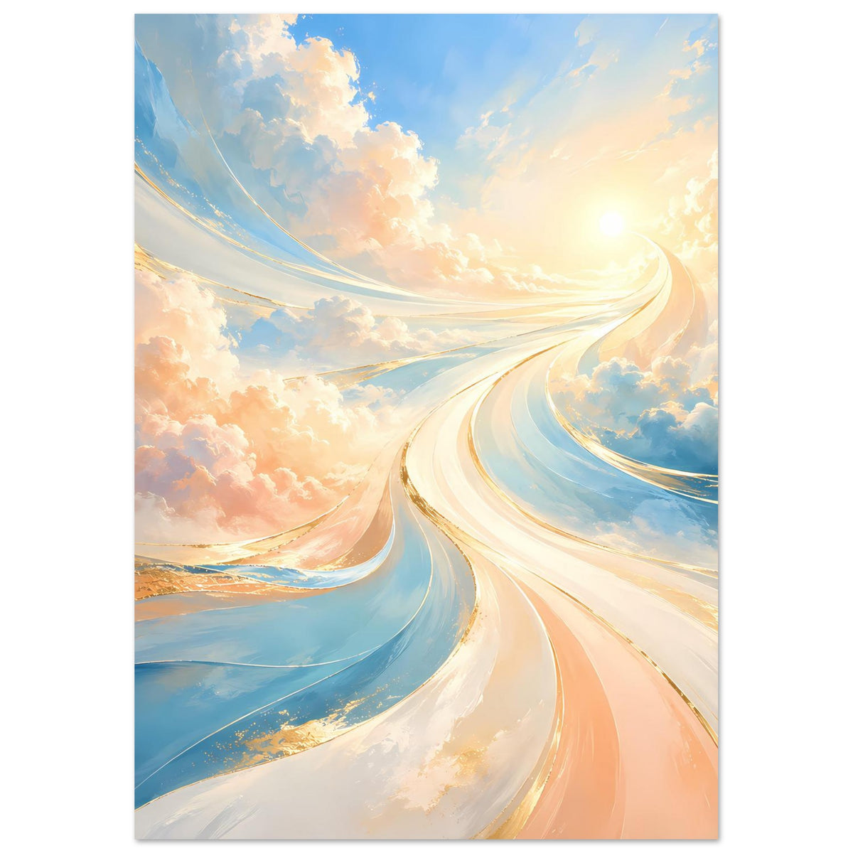 Poster: weiche Lichtbahnen im Himmel, Pastellblau, Apricot und Sonnenkreis