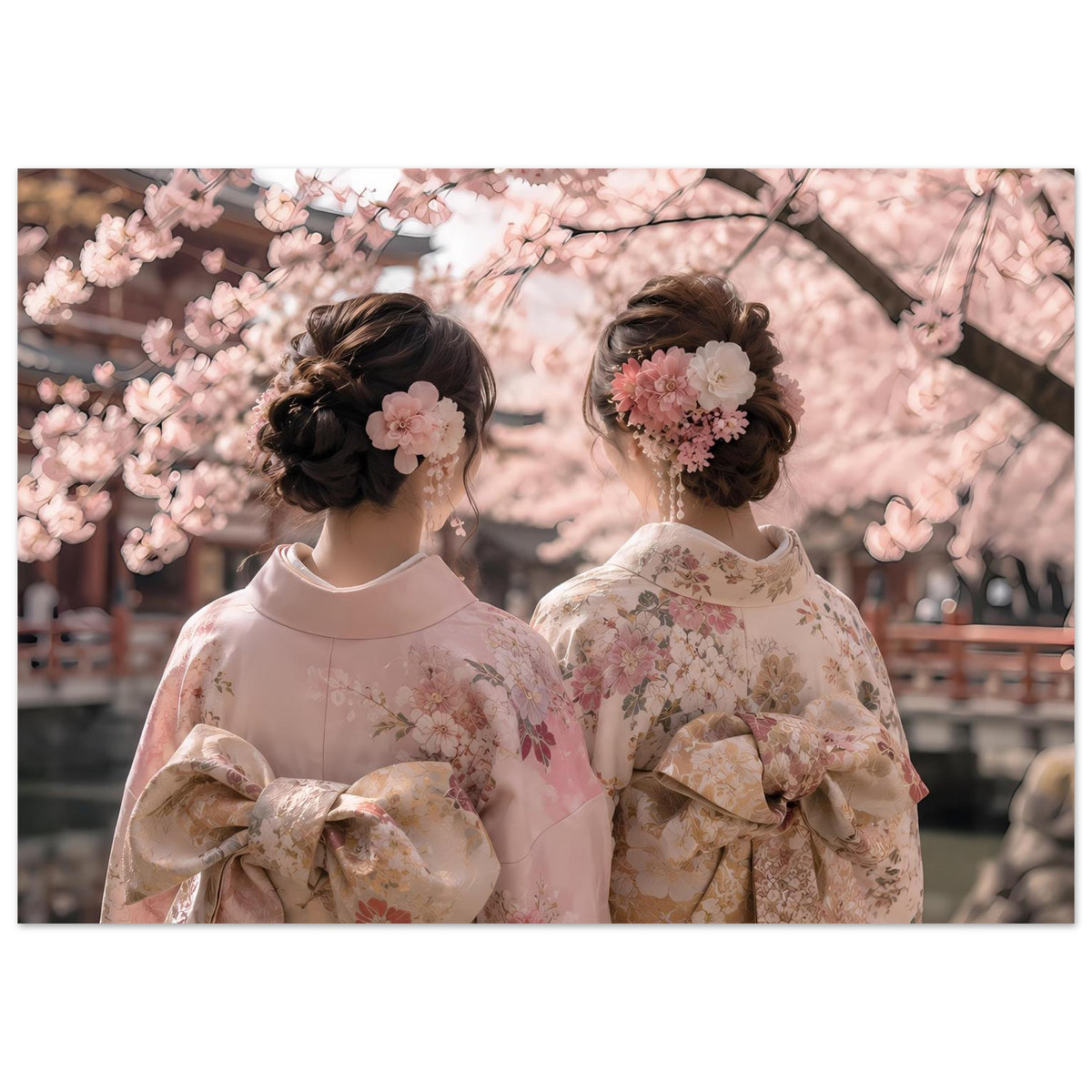 Kimono-Poster: zwei Frauen in hellrosa und beigem Blumen-Kimono mit Kirschblüten
