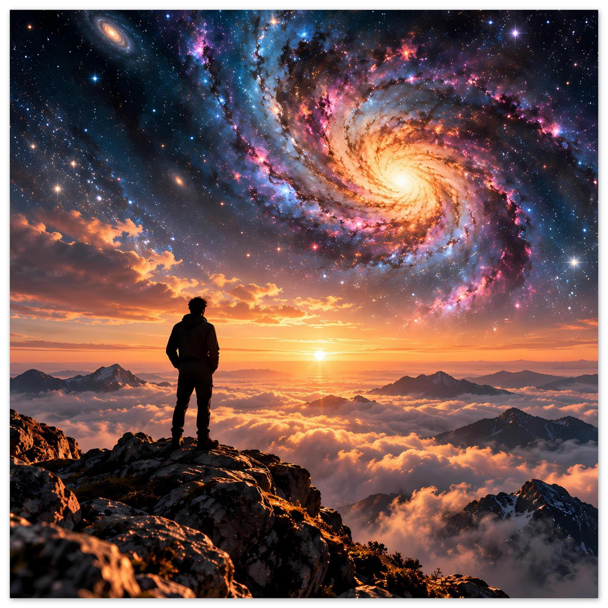 Horizontales Poster: Silhouette steht auf Felsen, dahinter Spiralgalaxie am Abendhimmel