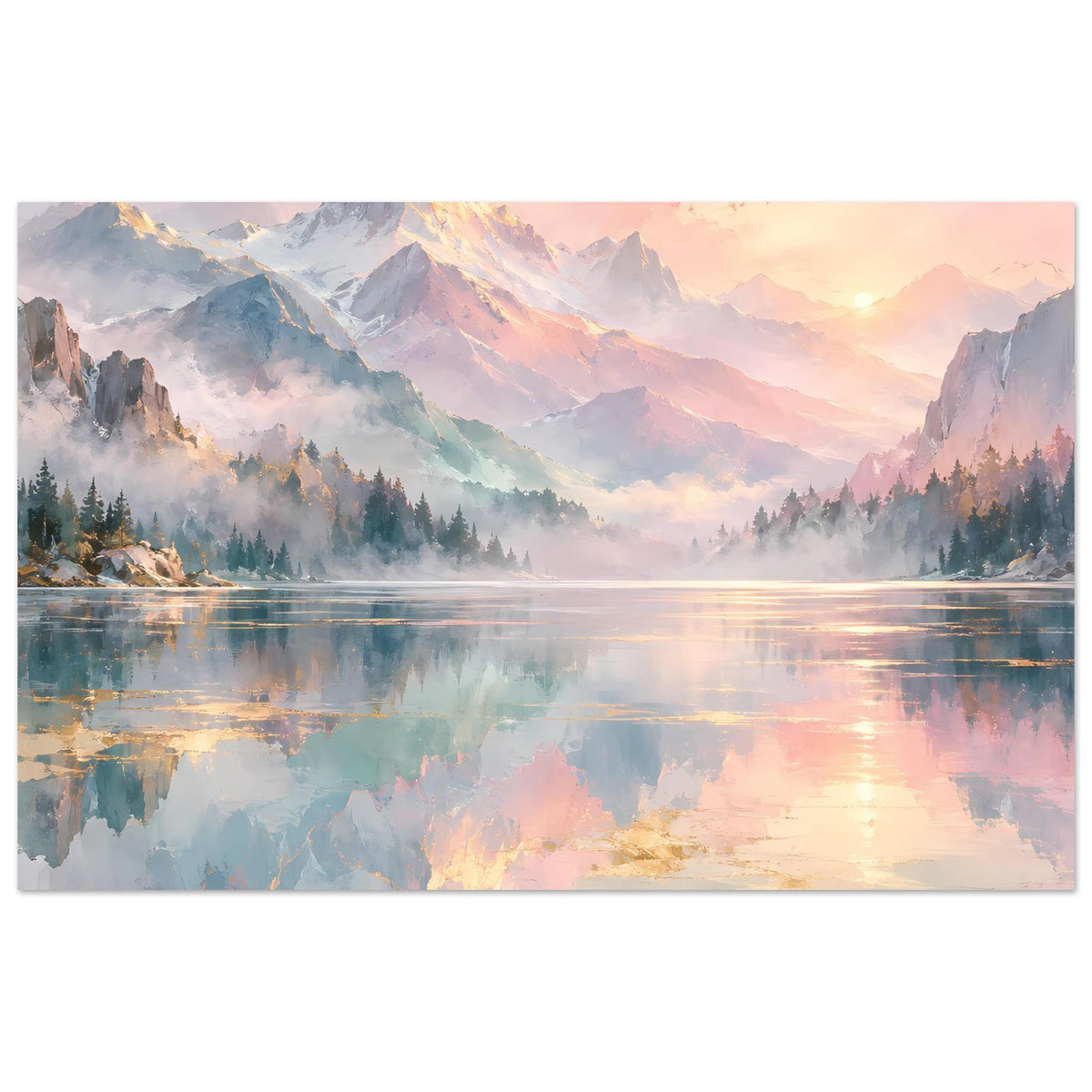 Horizontales Poster mit Pastell-Berglandschaft, Sonnenaufgang und Spiegelung im See.