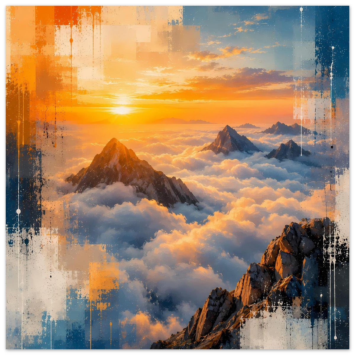 Poster mit Berggipfeln und Wolkenmeer, Sonne im orange-gelben Verlauf, blau akzentuiert.