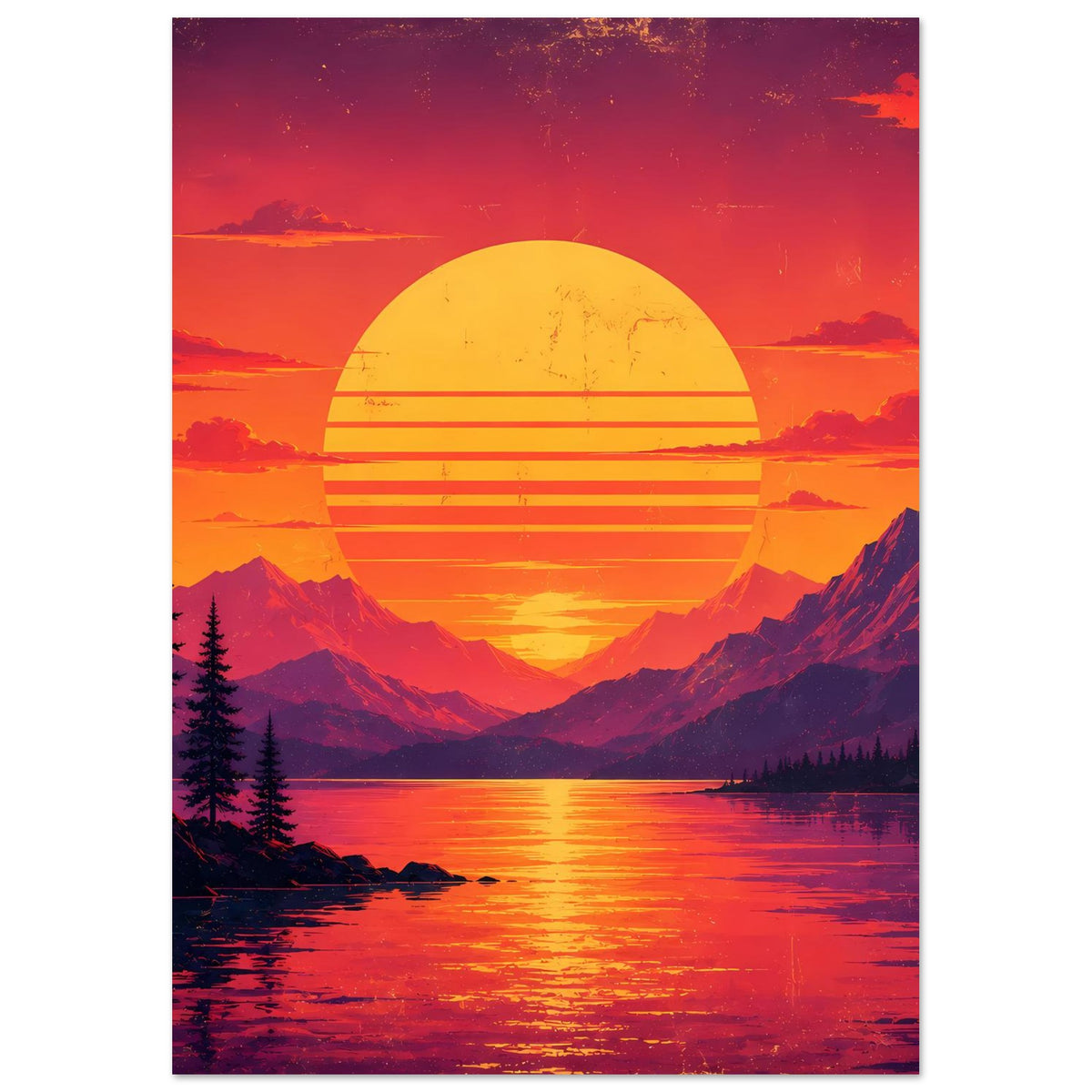 Poster im Hochformat mit gelber Kreis-Sonne, violettem Gebirge, See und Nadelbäumen im Abendrot
