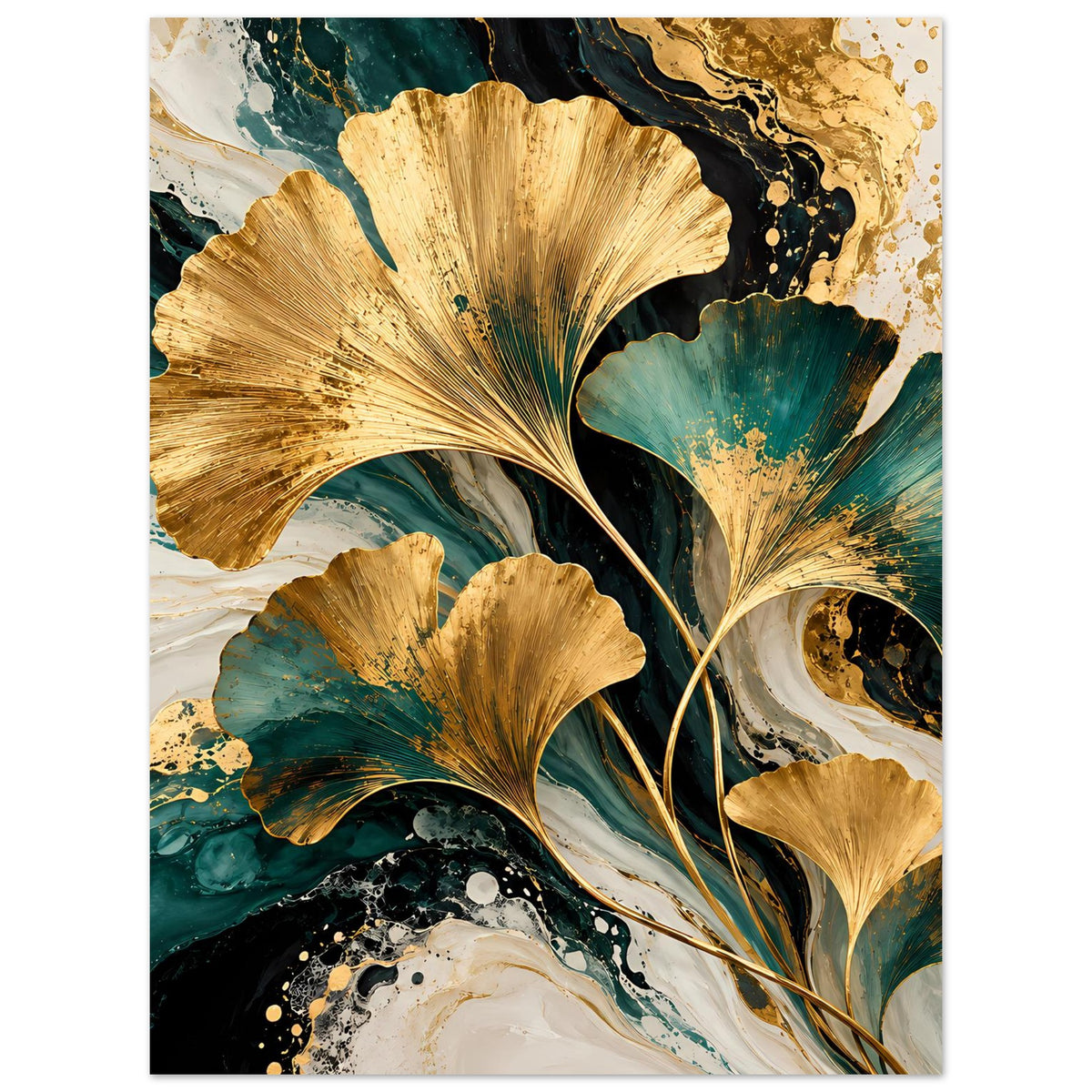 Naturposter: goldene Ginkgo-Blätter auf abstraktem türkis-grünem Farbverlauf mit Goldakzenten