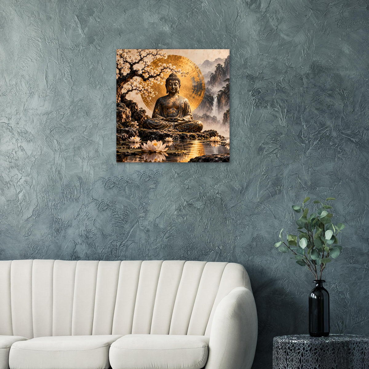 Zen-Buddha-Poster mit goldener Kreis-Aura, Buddhafigur und Landschaft im Querformat