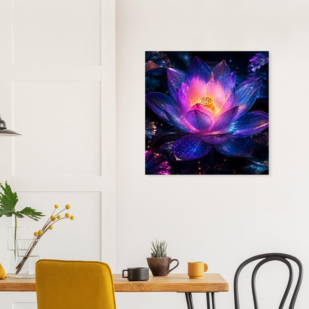 Quadratisches Poster mit Lotusblume, pink-violette Blüten und warmes Goldzentrum