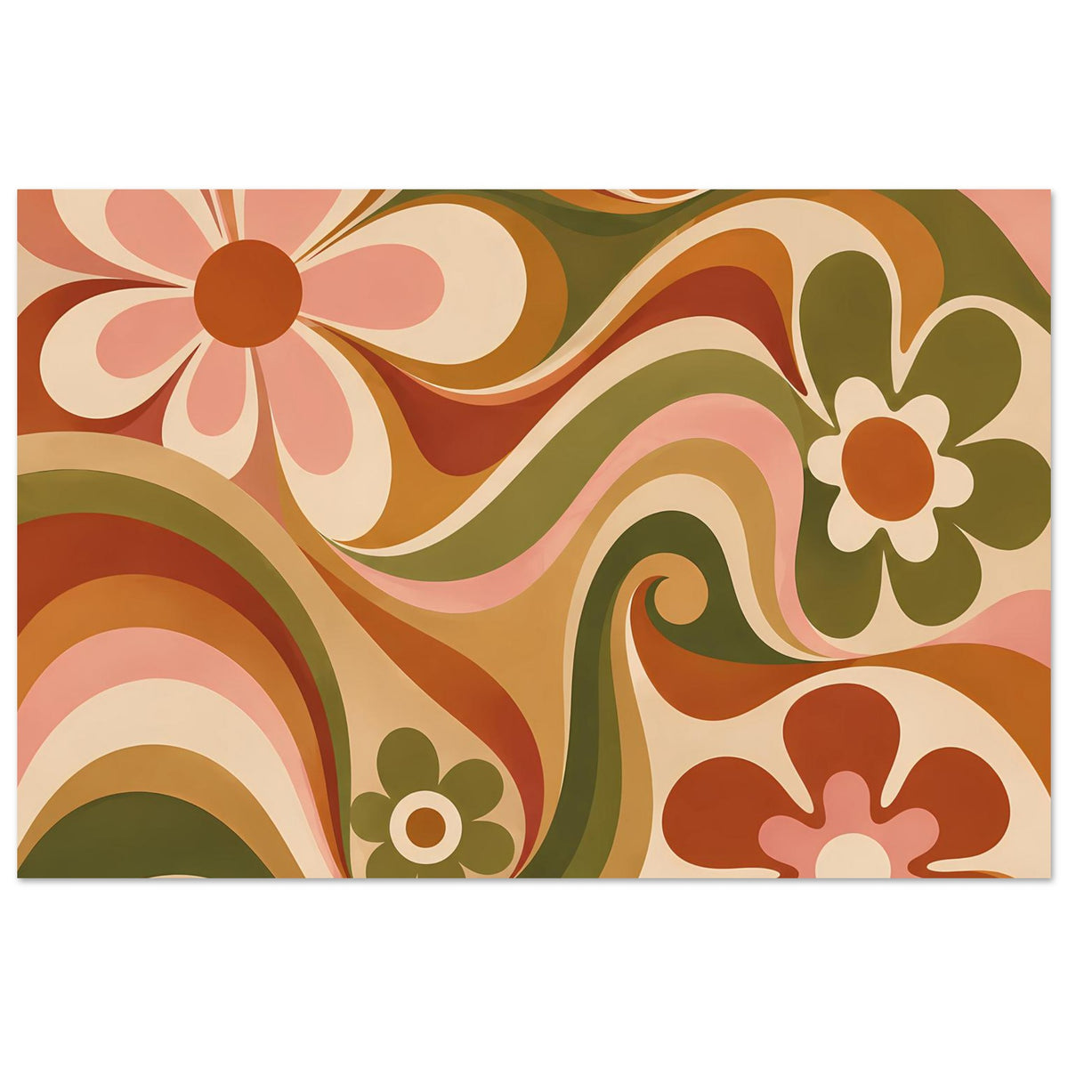 Florales Retro-Poster, breiter Ausschnitt mit Blüten und geschwungenen Wellen in Orange und Olivgrün