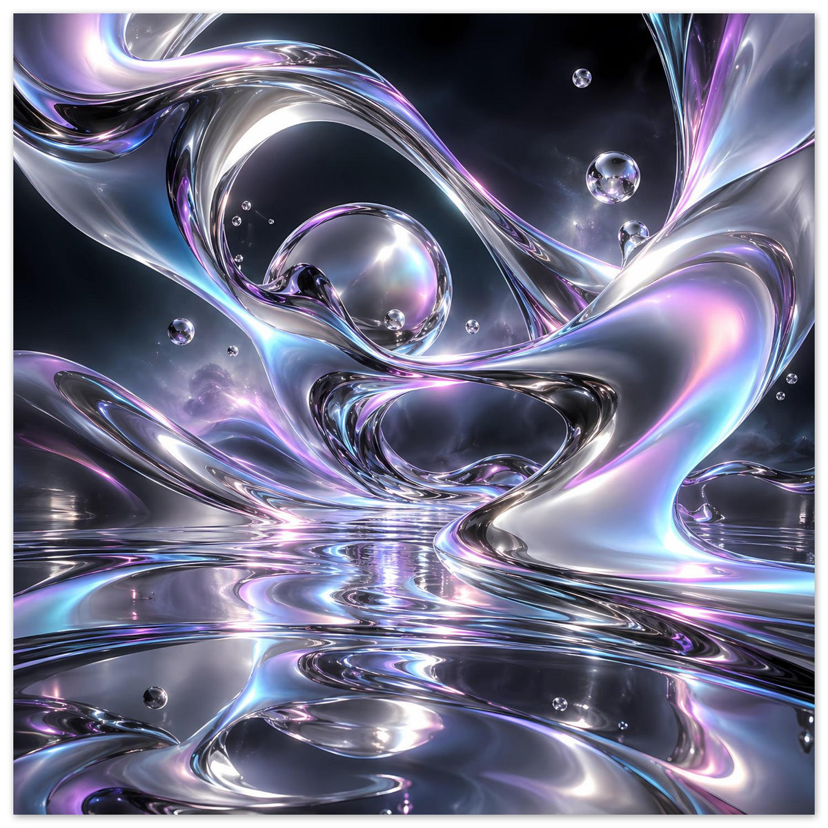 Chrom-Liquid-Poster (Querformat) mit silbrig-violetten Wellenbögen und Kugeln