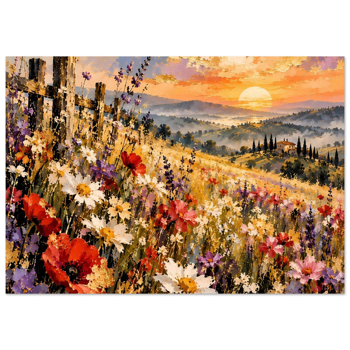 Landschaftsposter mit blühenden Wiesenblumen, warmem Abendrot und weitem Tal