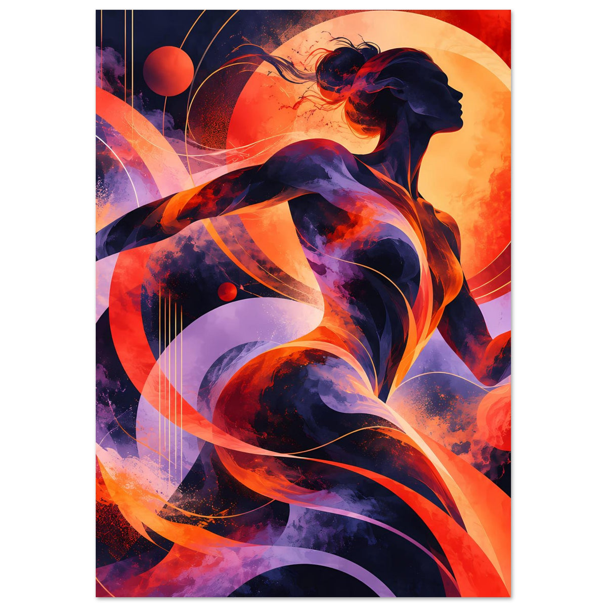 Farbkräftiges Poster im Hochformat mit abstrakter Frauensilhouette in Orange, Lila und Blau