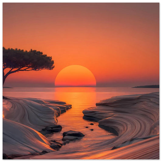 Quadratisches Küstenposter: orangefarbener Sonnenuntergang über ruhiger Felsenbucht