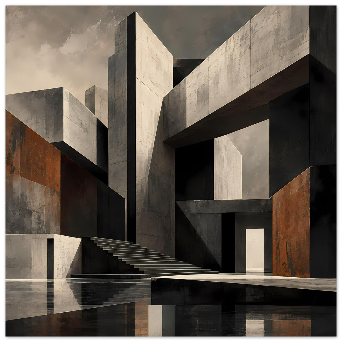 Architekturposter mit Treppenaufgang und reflektierendem Boden, graue Wände, schwarze Balken, Rostdetails