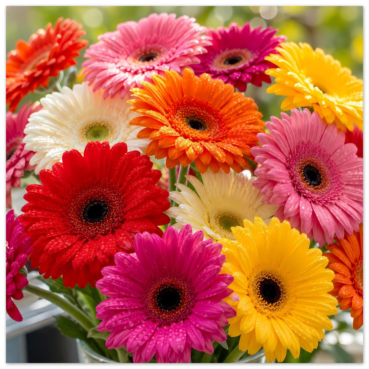 Buntes Gerbera-Blumenposter: Close-up vieler Gerbera in Rot, Rosa, Orange, Gelb und Weiß