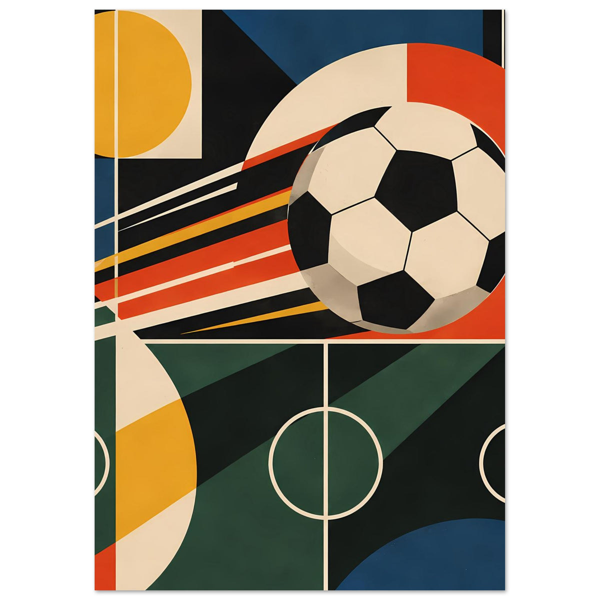 Geometrisches Fußballkunstposter mit Fußball oben rechts und mittiger Torlinie
