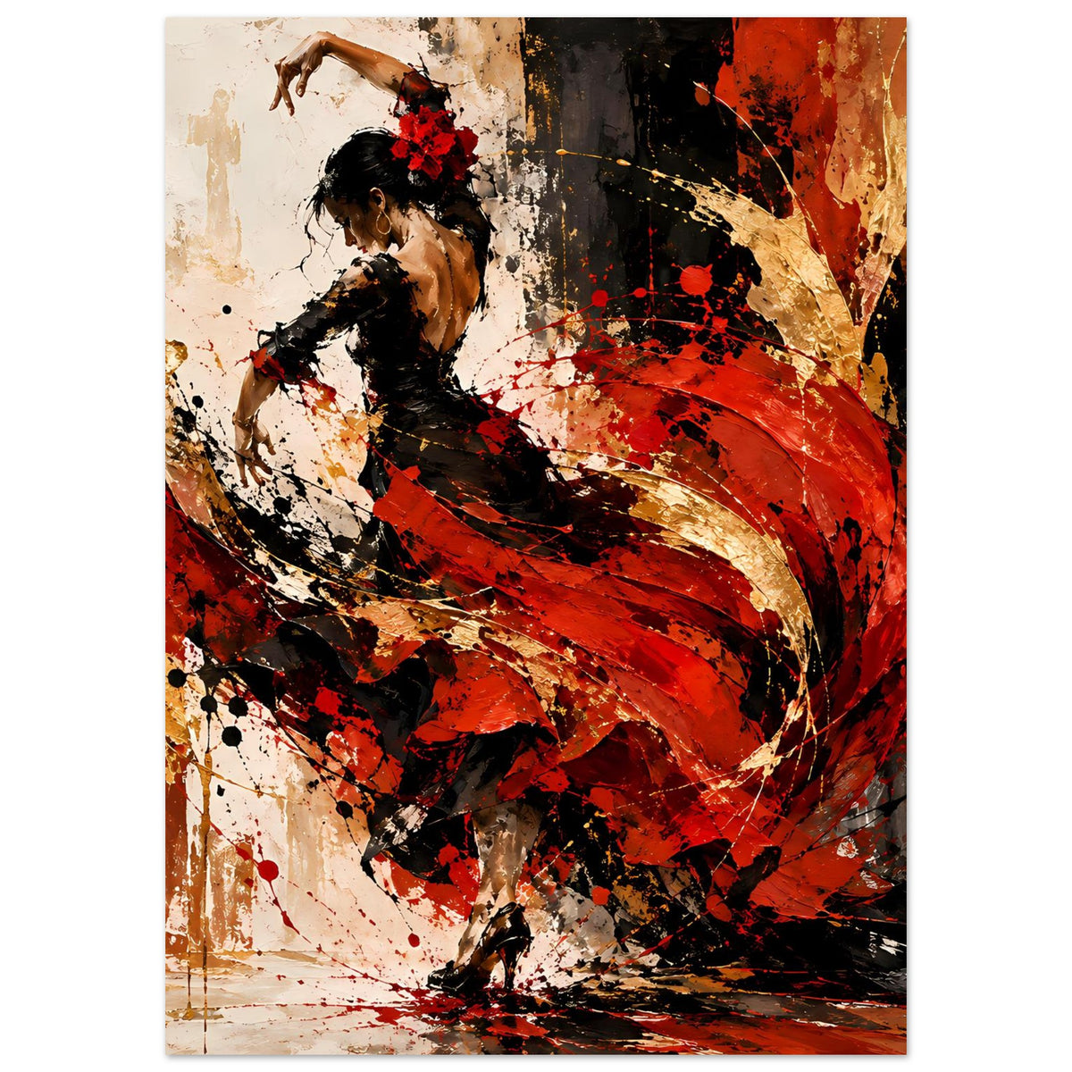 Poster mit Flamenco-Tänzerin und abstraktem Spritzmuster in Rot, Schwarz und Creme
