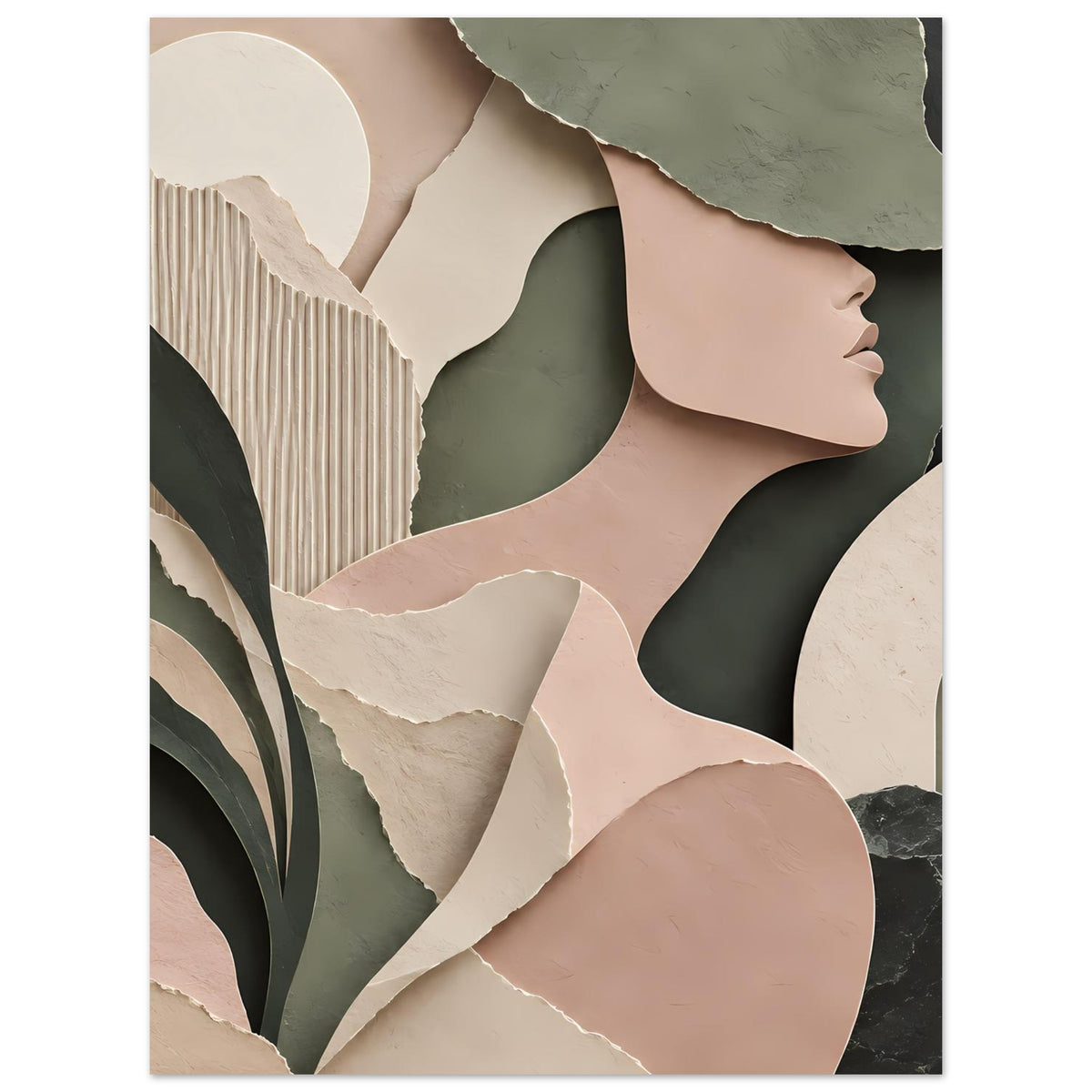 Vertikales Poster mit abstraktem Frauenprofil, Pastellrosa, Beige und Grün mit Akzenten
