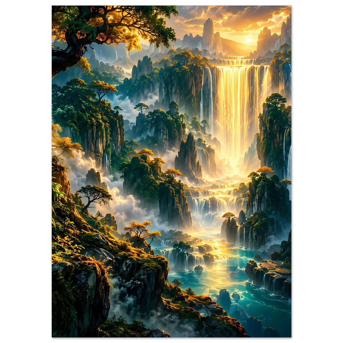 Landschaftsposter mit goldenem Wasserfall-Glow, türkisfarbenem Fluss und mehrstufigen Wasserfällen