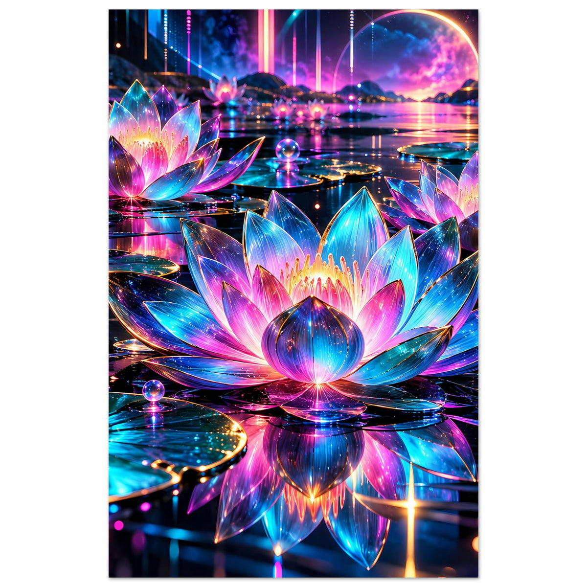 Vertikales Poster: leuchtende Lotusblüte in Neonfarben mit bunten Spiegelungen