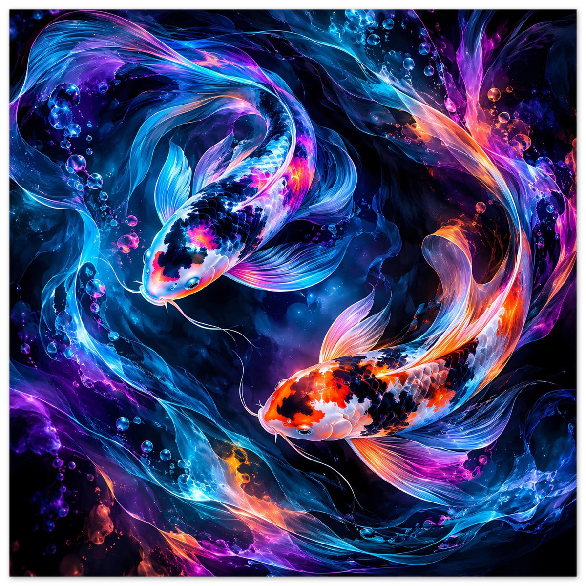 Hochkantiges Poster mit Koi-Fischen in Blau, Orange und Lila, umspült von Lichtspuren