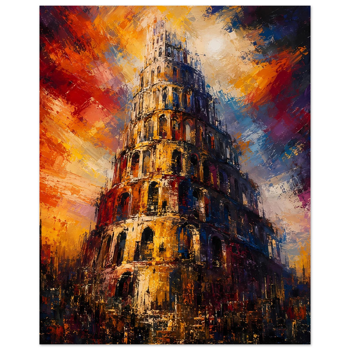 Poster mit Turm von Babel und leuchtenden Farbwirbeln, vertikale Variante