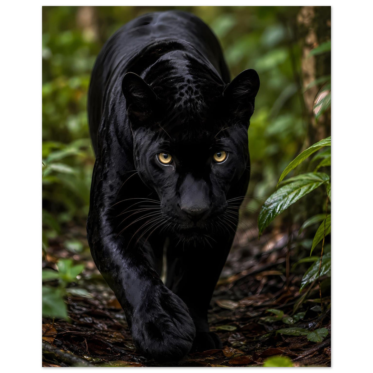 Poster mit schwarzem Panther in Wald-Umgebung, gelbe Augen im Fokus