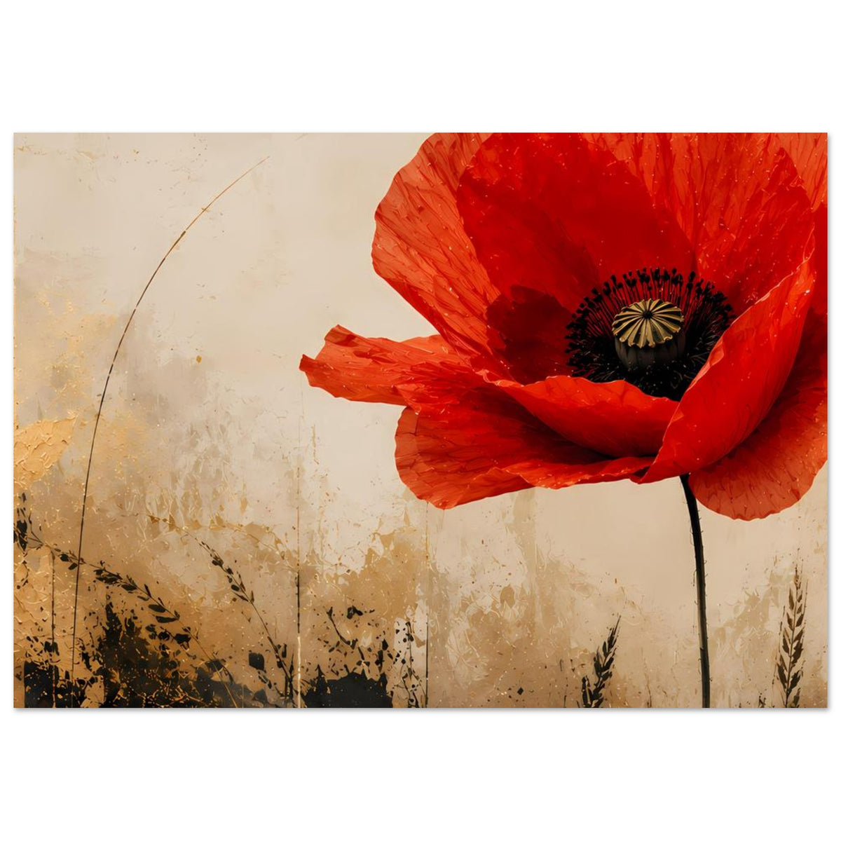 Horizontales Poster mit roter Mohnblume, schwarzem Blütenkern und weit geöffneten Blütenblättern