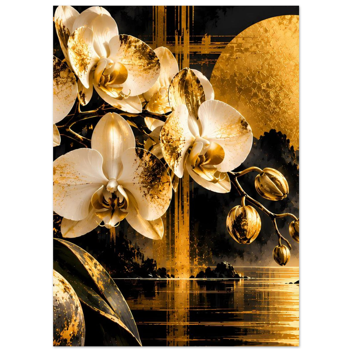 Orchideenposter mit großen weißen Orchideenblüten und goldenen Kapseln im Dunkelgold