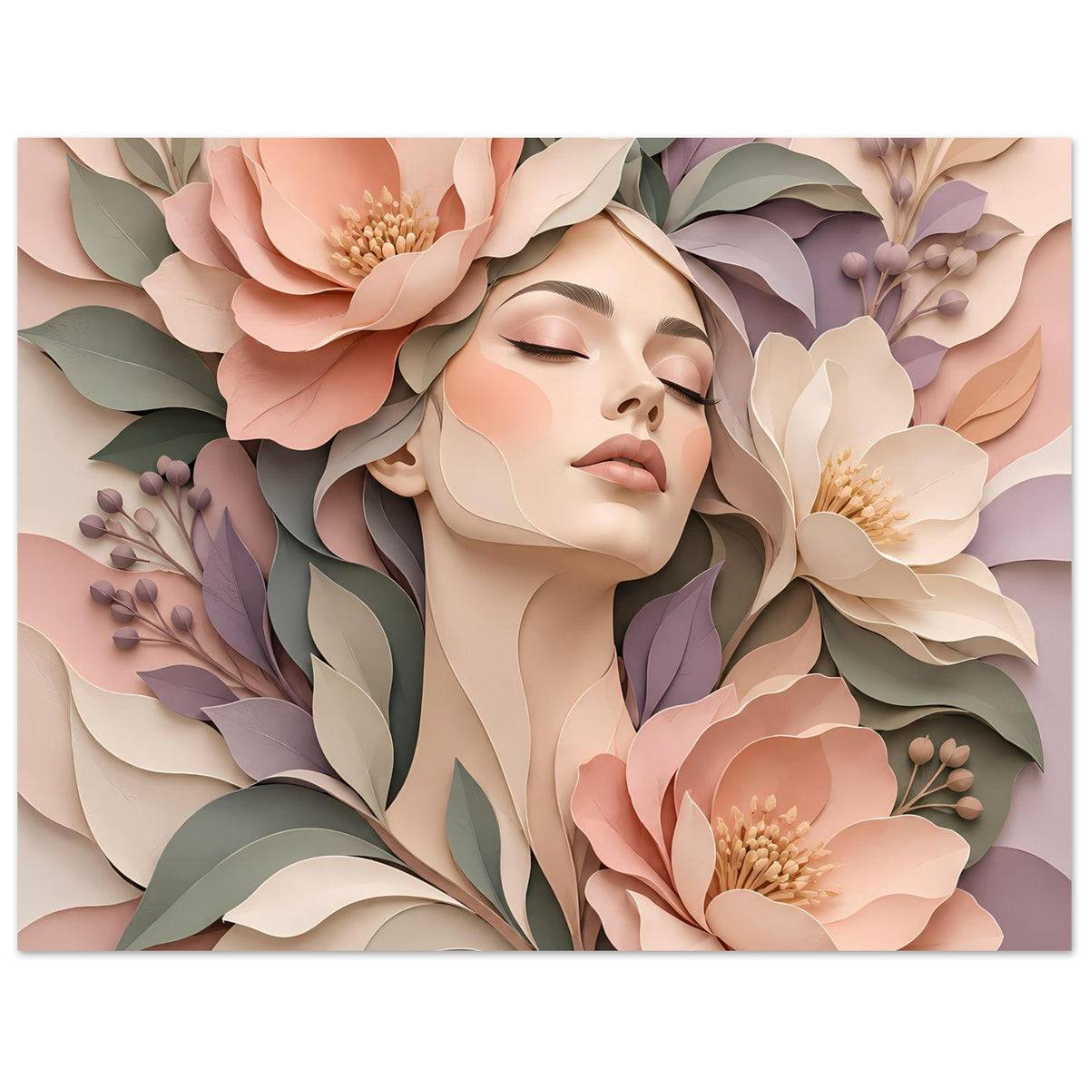 Florales Portrait-Poster mit Frauengesicht, Augen geschlossen, Pastellblüten und Blätter, horizontal
