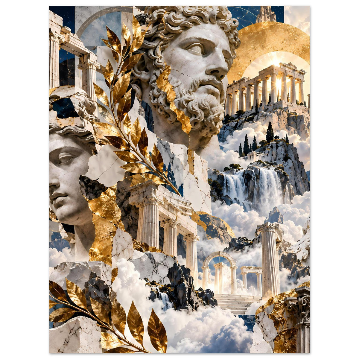 Griechisches Mythologie-Collageposter mit Statue links, goldenen Blättern, Säulen und Wolken