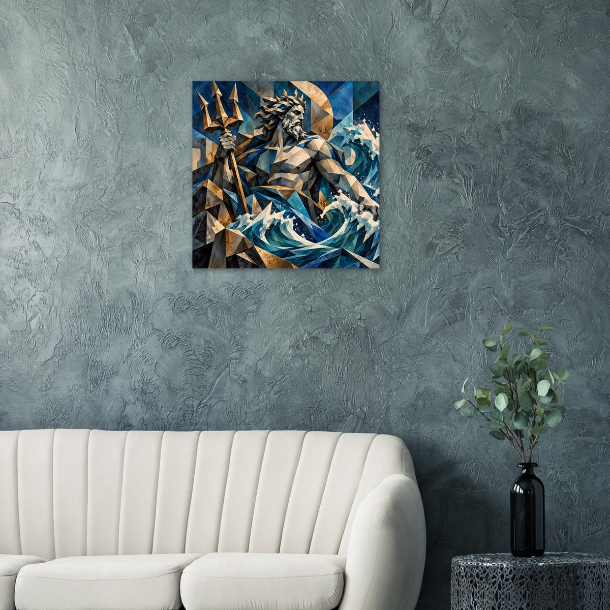 Quadratisches Mythologie-Poster: Poseidon in Ozeanblau und Gold, geometrische Dreiecke und Wellen