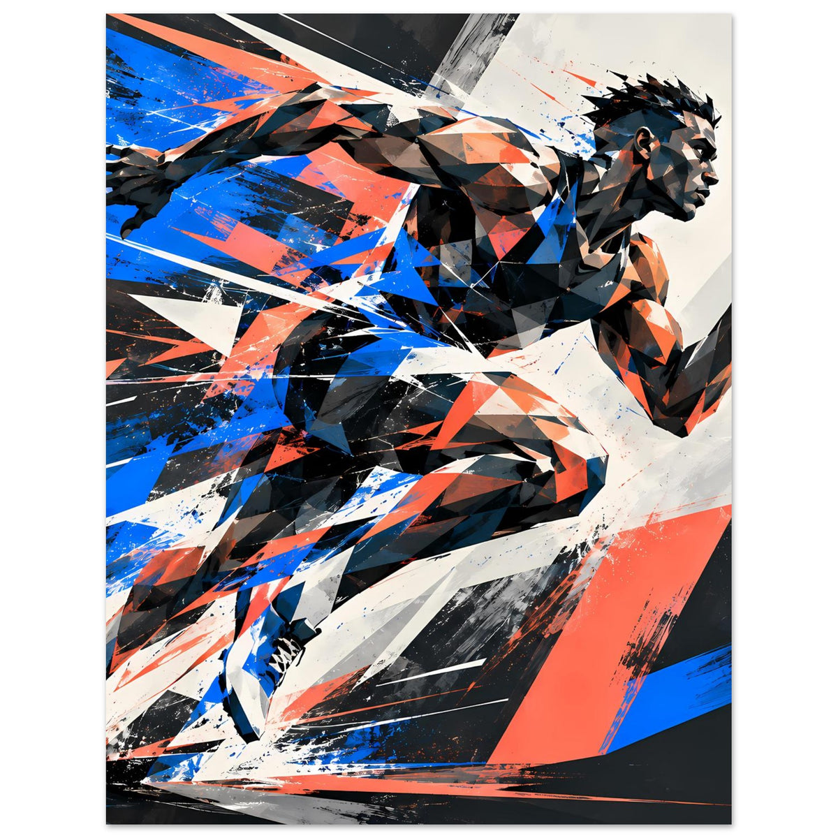 Poster mit abstraktem Läuferprofil, dynamische Formen in Blau, Orange und Schwarz
